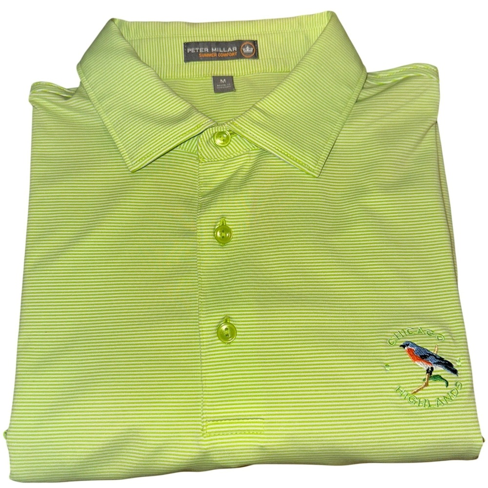 Peter Millar Summer Comfort Polo Mens M Lime Green Stripe Chicago Highlands Golf